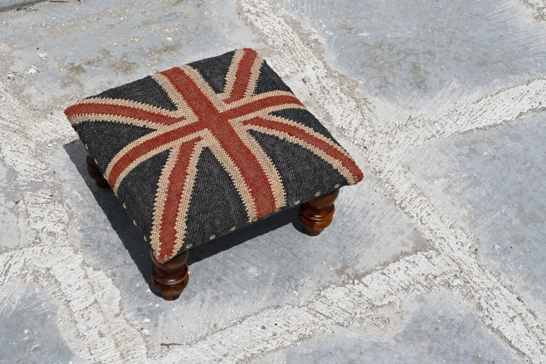 Handmade Union Jack Kilim Ottoman Footstool | Wool Jute Upholstered British Flag Pouf Stool with Solid Wooden Legs for Living Room