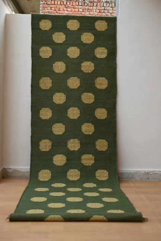 Forest Green & Mustard Dot Wool & Jute Kilim Runner Rug