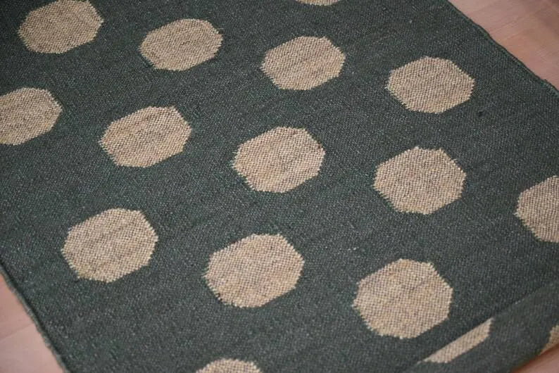 Forest Green & Mustard Dot Wool & Jute Kilim Runner Rug