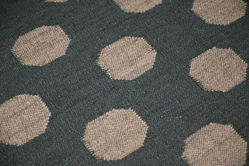 Forest Green & Mustard Dot Wool & Jute Kilim Runner Rug