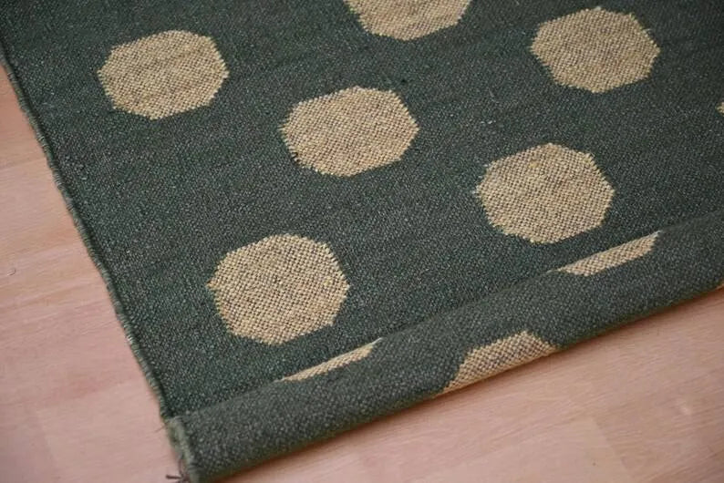 Forest Green & Mustard Dot Wool & Jute Kilim Runner Rug