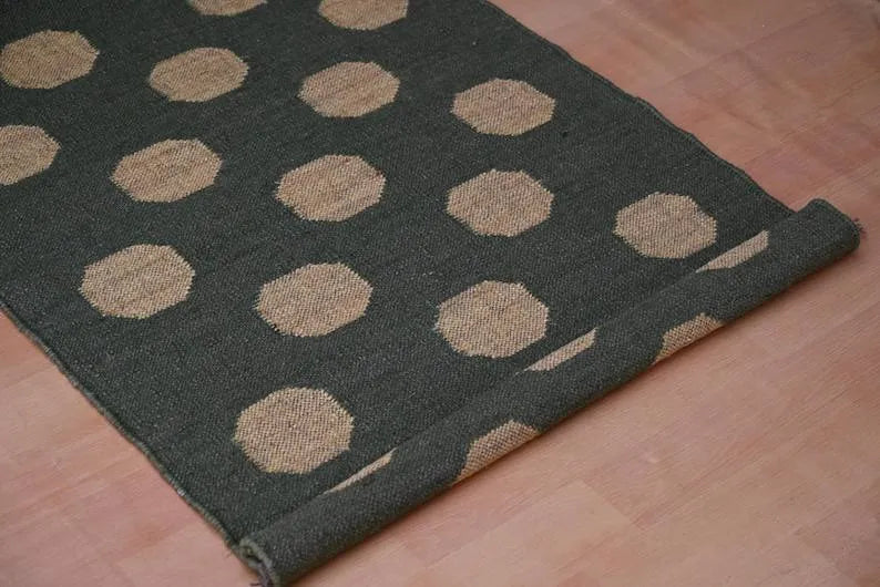 Forest Green & Mustard Dot Wool & Jute Kilim Runner Rug