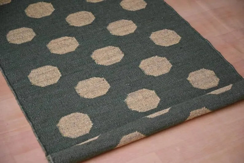 Forest Green & Mustard Dot Wool & Jute Kilim Runner Rug