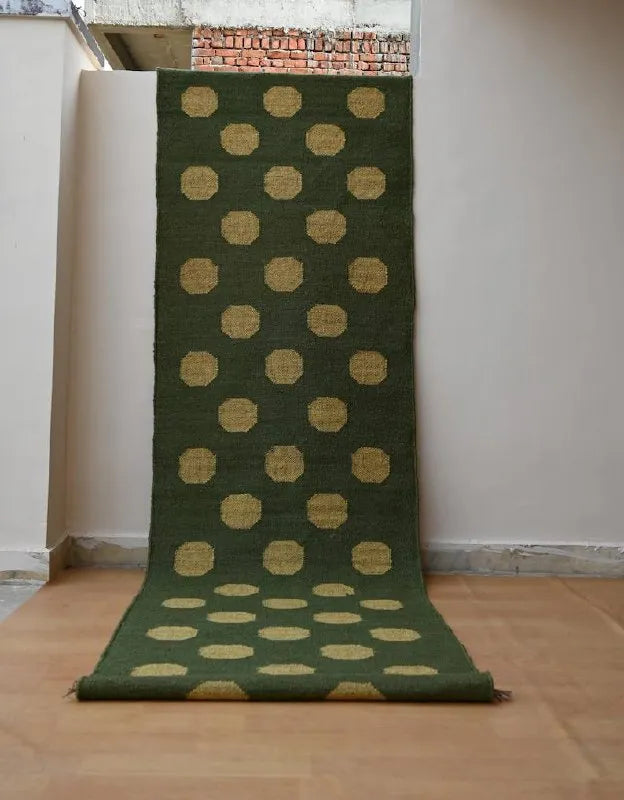 Forest Green & Mustard Dot Wool & Jute Kilim Runner Rug