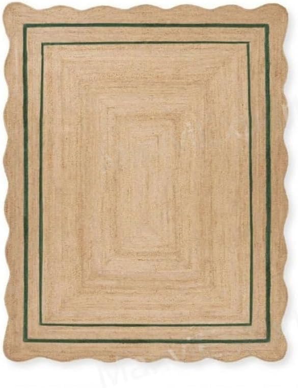 Natural Jute Area Rug with Scalloped Edges & Double Border – Handwoven Rug