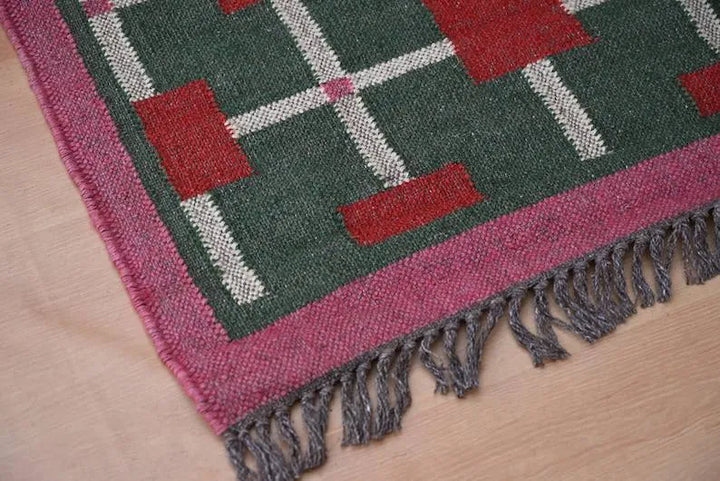 Green & Red Grid Wool & Jute Kilim Runner Rug