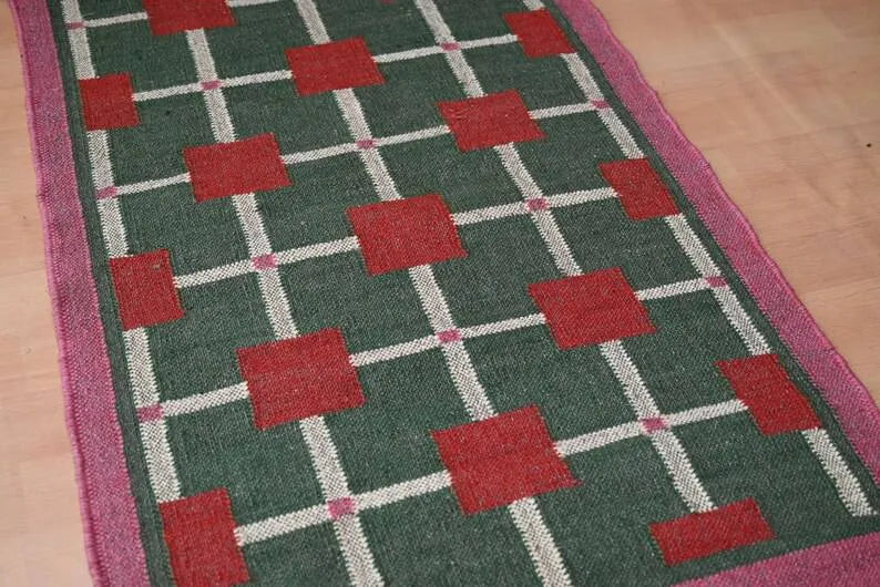 Green & Red Grid Wool & Jute Kilim Runner Rug