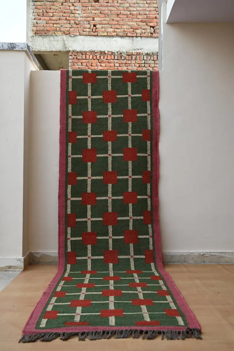 Green & Red Grid Wool & Jute Kilim Runner Rug