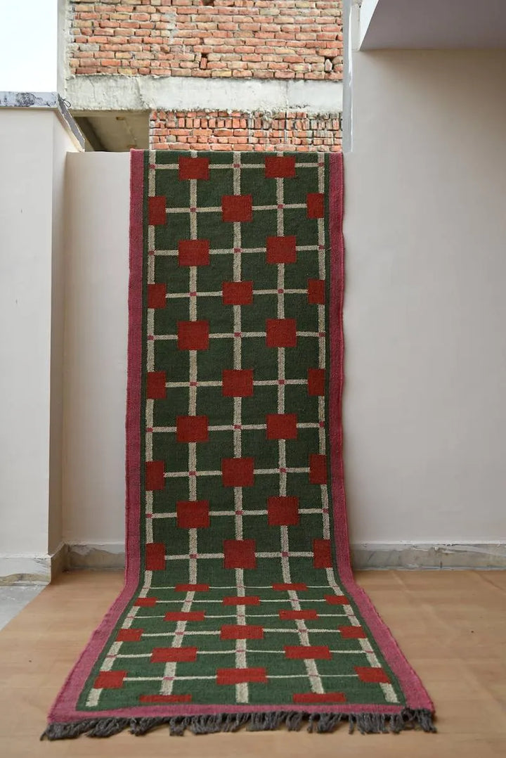 Green & Red Grid Wool & Jute Kilim Runner Rug