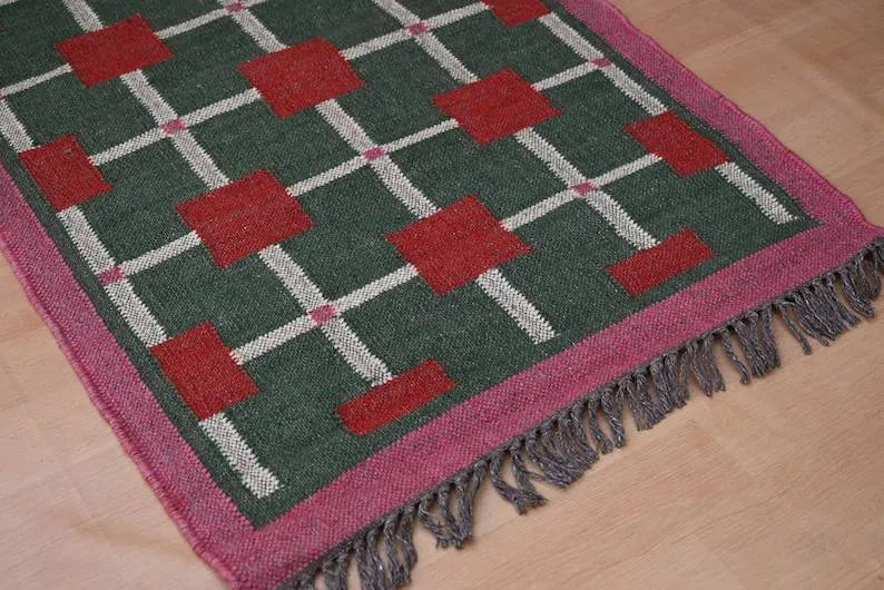 Green & Red Grid Wool & Jute Kilim Runner Rug
