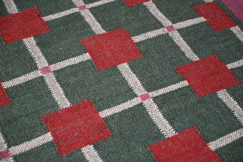 Green & Red Grid Wool & Jute Kilim Runner Rug