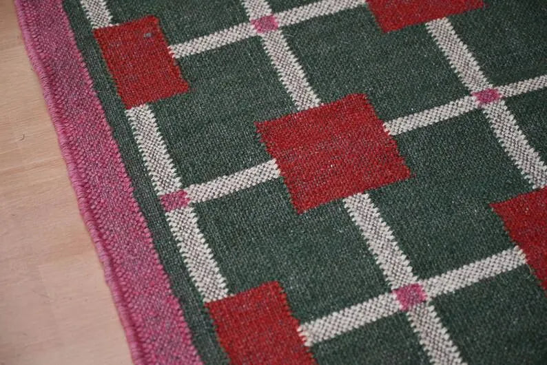 Green & Red Grid Wool & Jute Kilim Runner Rug