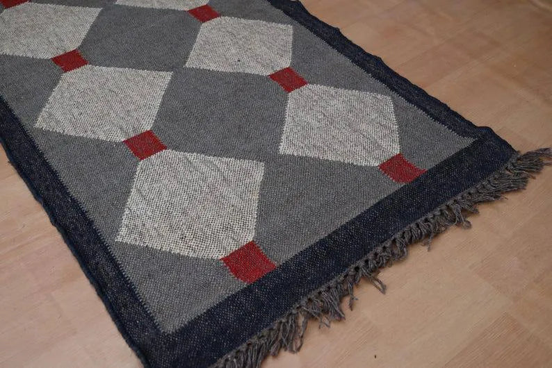 Grey & Beige Diamond Wool & Jute Kilim Runner Rug