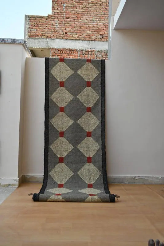 Grey & Beige Diamond Wool & Jute Kilim Runner Rug