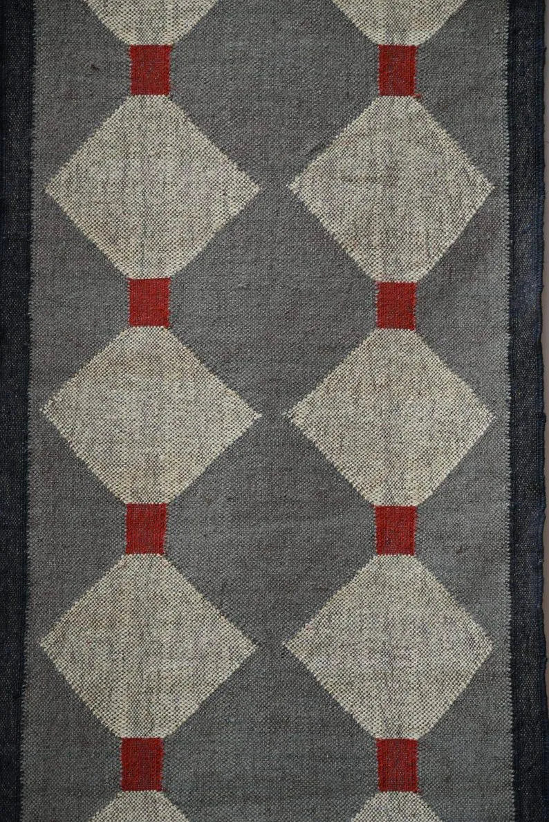 Grey & Beige Diamond Wool & Jute Kilim Runner Rug