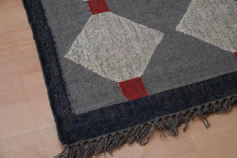 Grey & Beige Diamond Wool & Jute Kilim Runner Rug