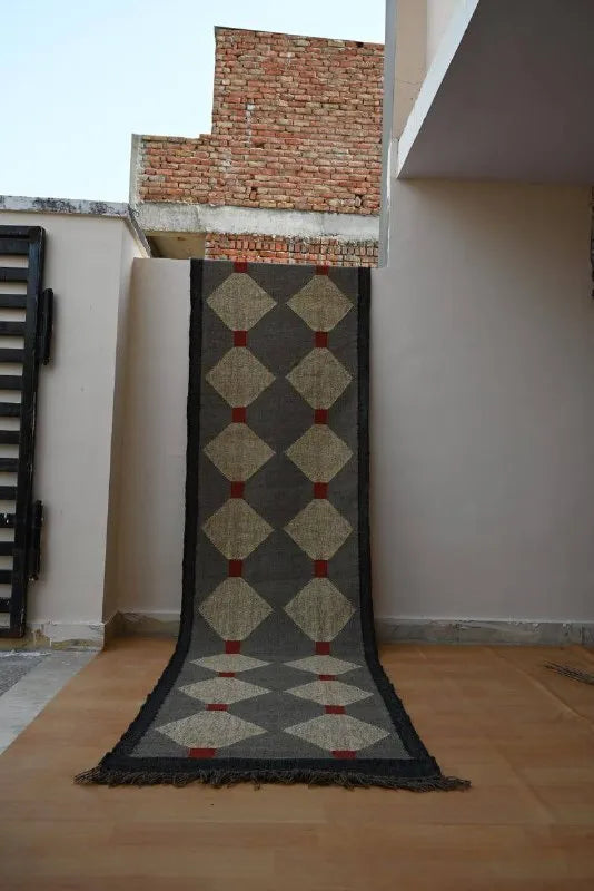 Grey & Beige Diamond Wool & Jute Kilim Runner Rug