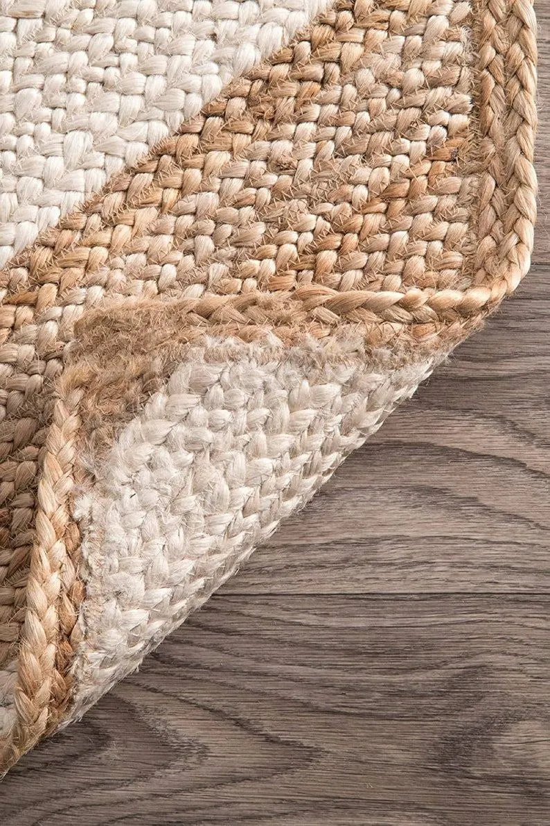 Beige and White Geometric Jute Rug – Handmade Zigzag Area Rug for Modern Homes