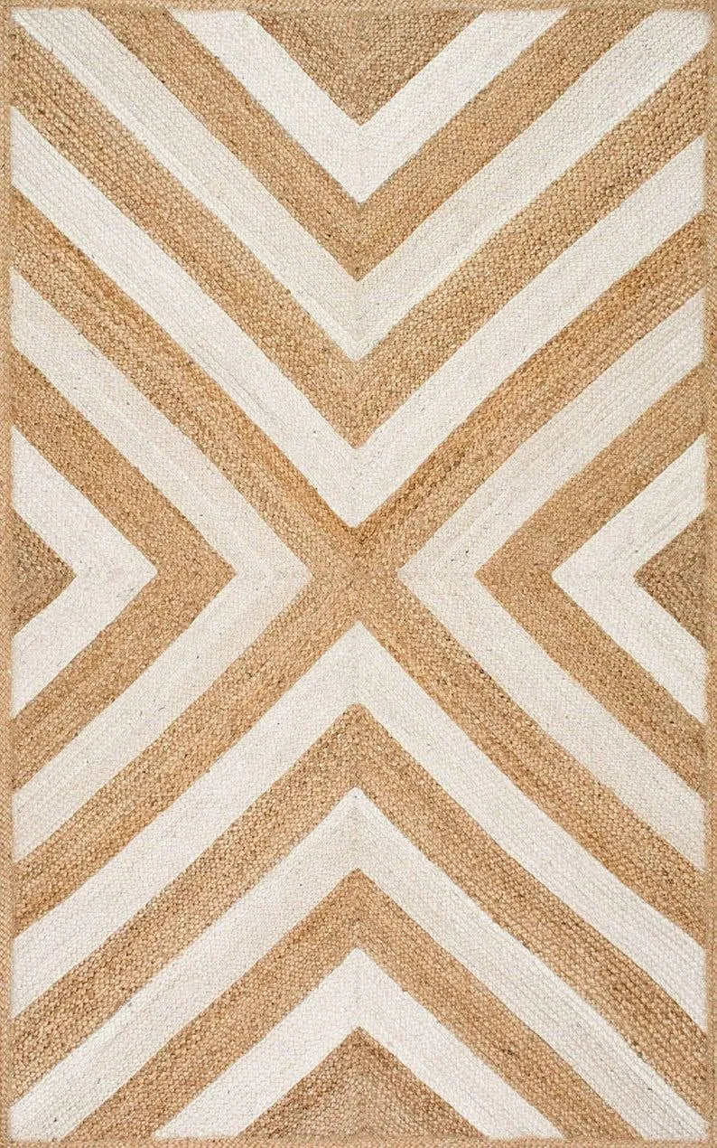 Beige and White Geometric Jute Rug – Handmade Zigzag Area Rug for Modern Homes