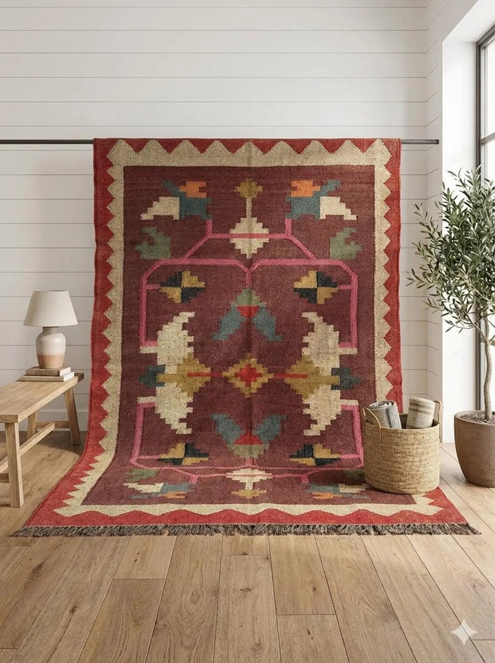 Handwoven Wool Jute Kilim Rug – Burgundy Boho Geometric Area Rug, Custom Size
