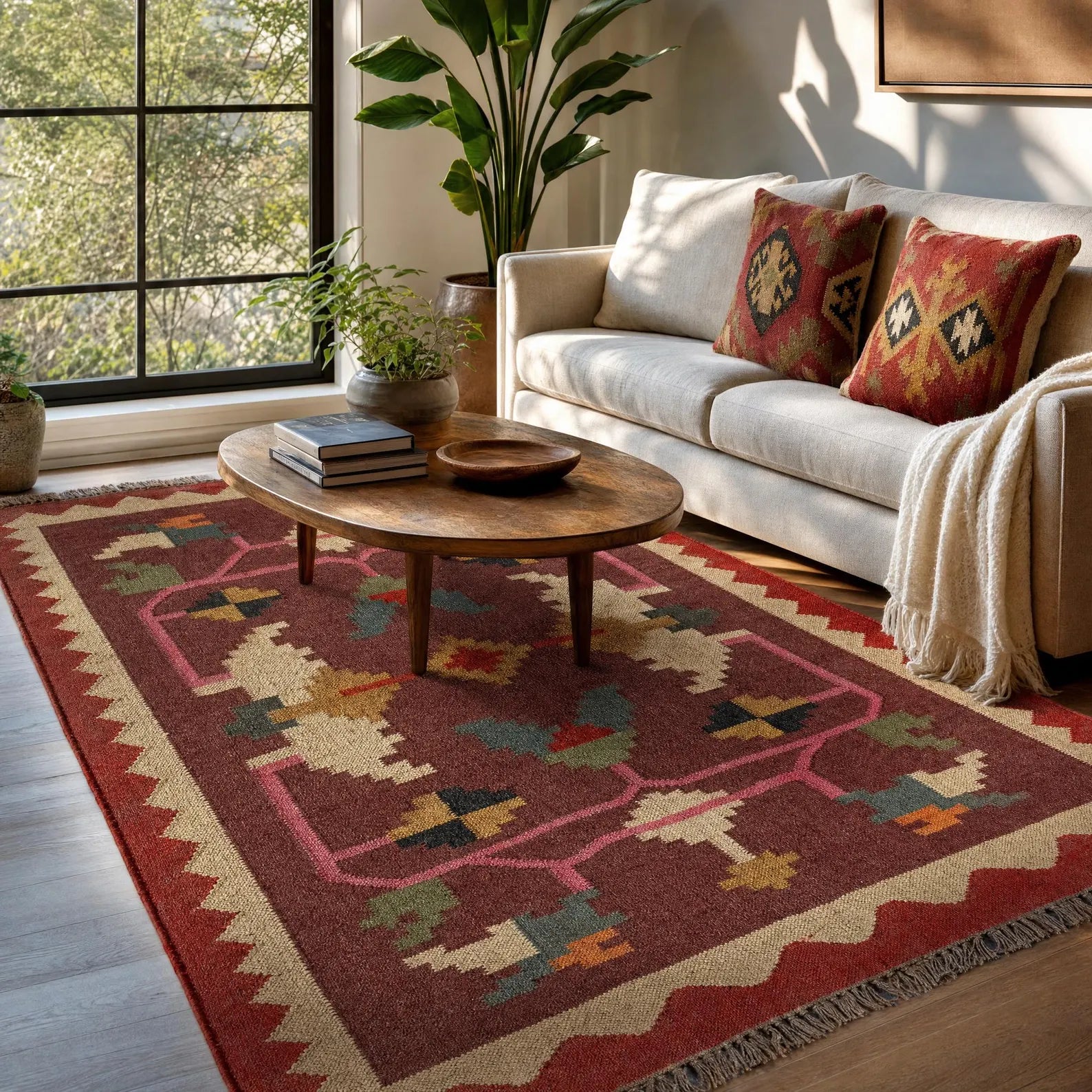 Handwoven Wool Jute Kilim Rug – Burgundy Boho Geometric Area Rug, Custom Size