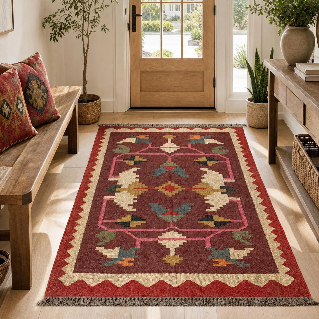 Handwoven Wool Jute Kilim Rug – Burgundy Boho Geometric Area Rug, Custom Size