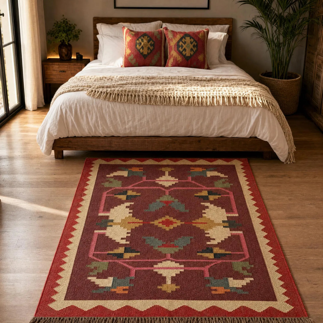 Handwoven Wool Jute Kilim Rug – Burgundy Boho Geometric Area Rug, Custom Size
