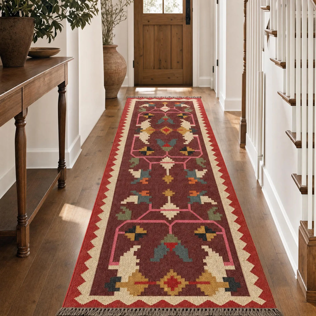 Burgundy Wool Jute Kilim Runner Rug – Handwoven Boho Hallway Carpet, Custom Size
