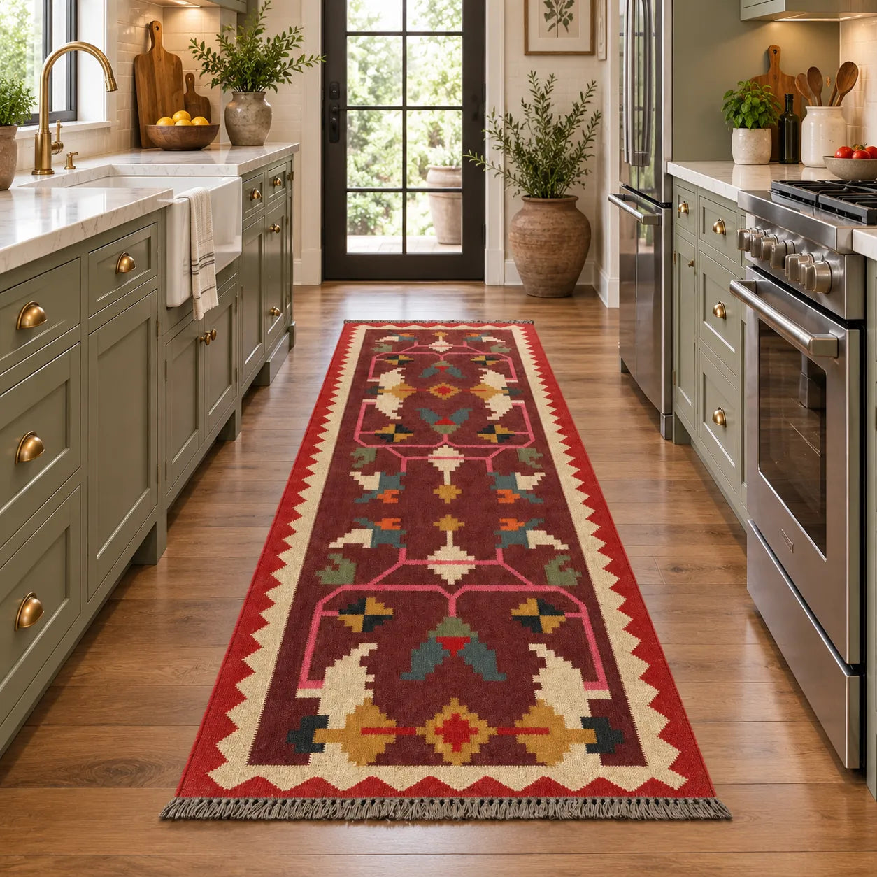 Burgundy Wool Jute Kilim Runner Rug – Handwoven Boho Hallway Carpet, Custom Size