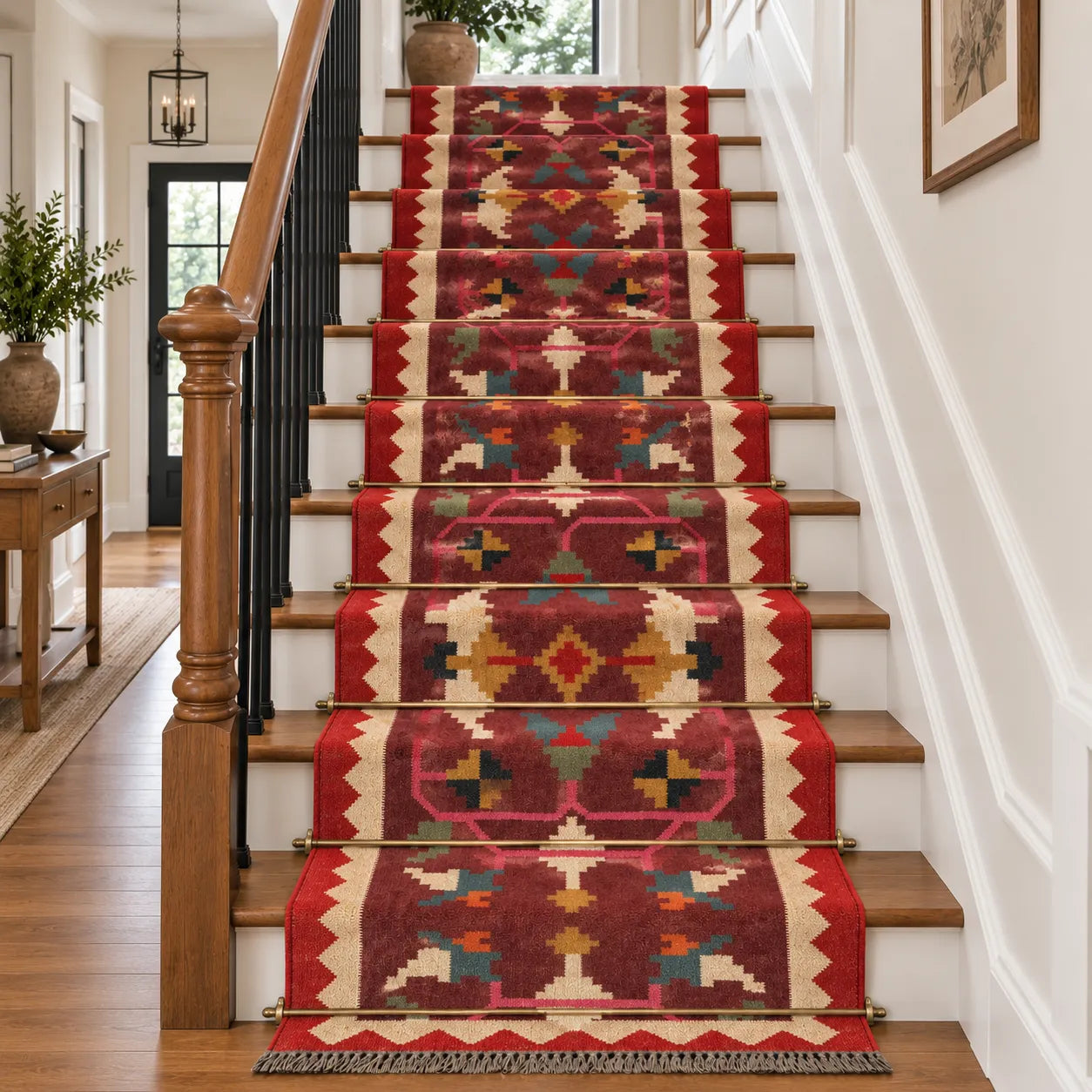 Burgundy Wool Jute Kilim Runner Rug – Handwoven Boho Hallway Carpet, Custom Size
