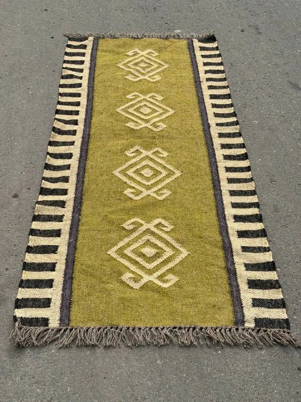 Olive Green Kilim Runner Rug – Handwoven Wool Jute Geometric Hallway Dhurrie