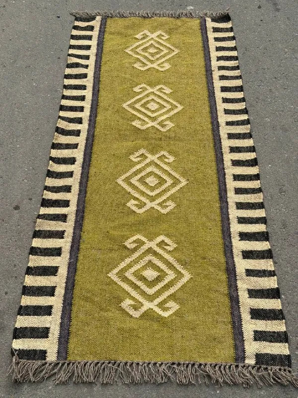 Olive Green Kilim Runner Rug – Handwoven Wool Jute Geometric Hallway Dhurrie
