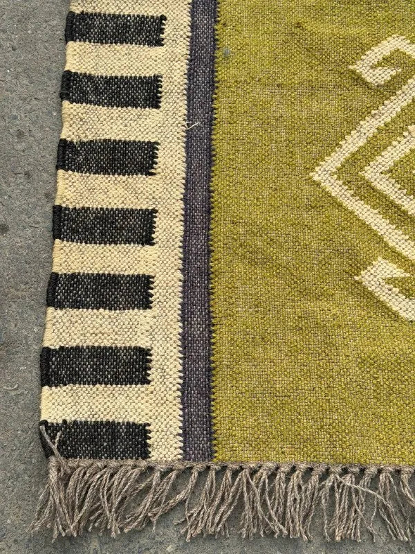 Olive Green Kilim Runner Rug – Handwoven Wool Jute Geometric Hallway Dhurrie