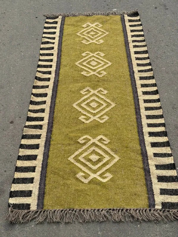 Olive Green Kilim Runner Rug – Handwoven Wool Jute Geometric Hallway Dhurrie