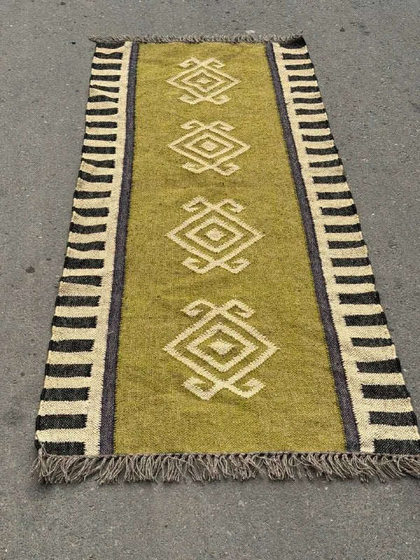 Olive Green Kilim Runner Rug – Handwoven Wool Jute Geometric Hallway Dhurrie