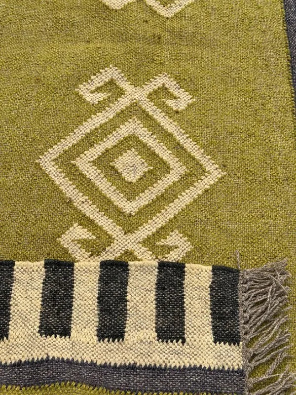 Olive Green Kilim Runner Rug – Handwoven Wool Jute Geometric Hallway Dhurrie