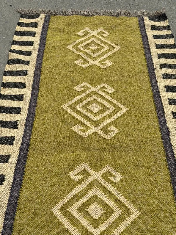 Olive Green Kilim Runner Rug – Handwoven Wool Jute Geometric Hallway Dhurrie