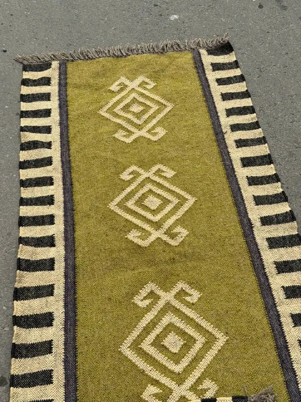 Olive Green Kilim Runner Rug – Handwoven Wool Jute Geometric Hallway Dhurrie