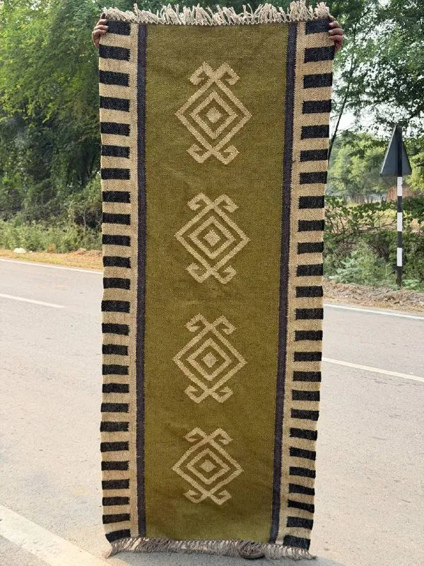 Olive Green Kilim Runner Rug – Handwoven Wool Jute Geometric Hallway Dhurrie