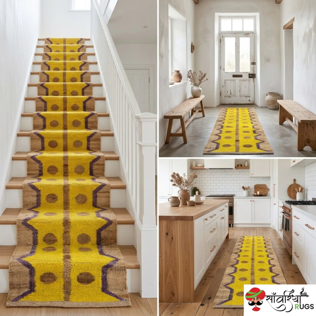 Yellow jute runner rug with geometric brown and purple pattern