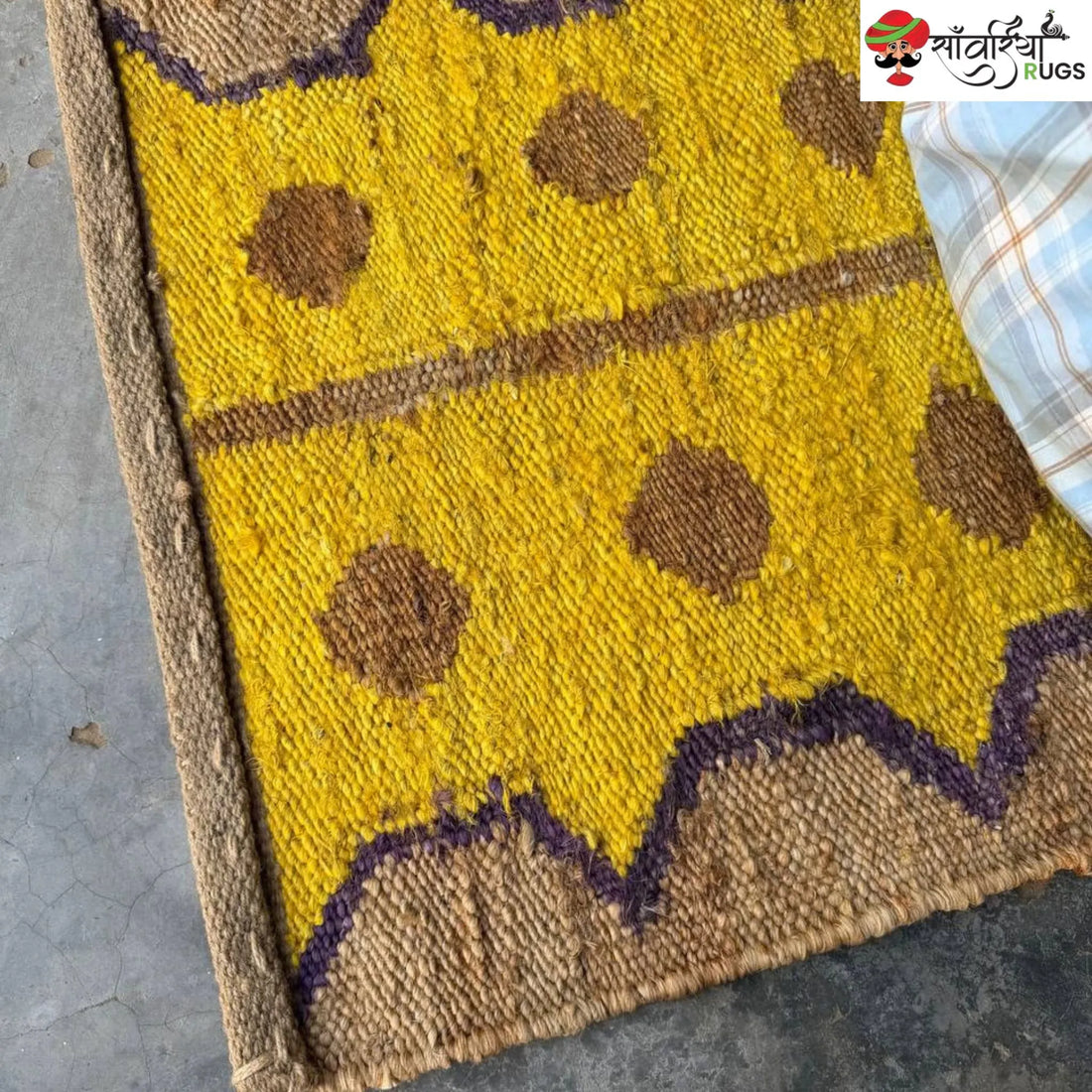 Yellow jute runner rug with geometric brown and purple pattern