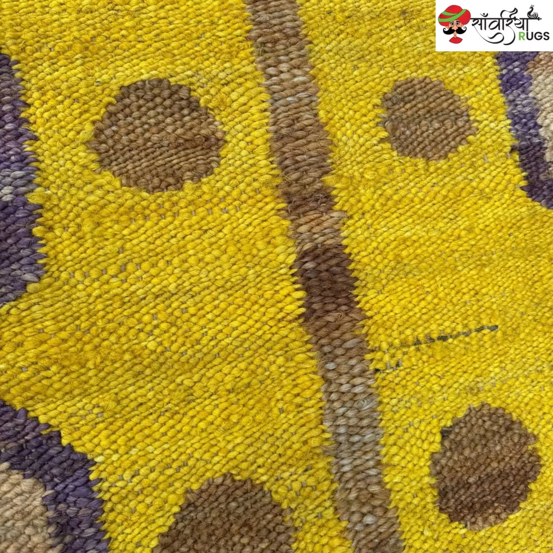 Yellow jute runner rug with geometric brown and purple pattern