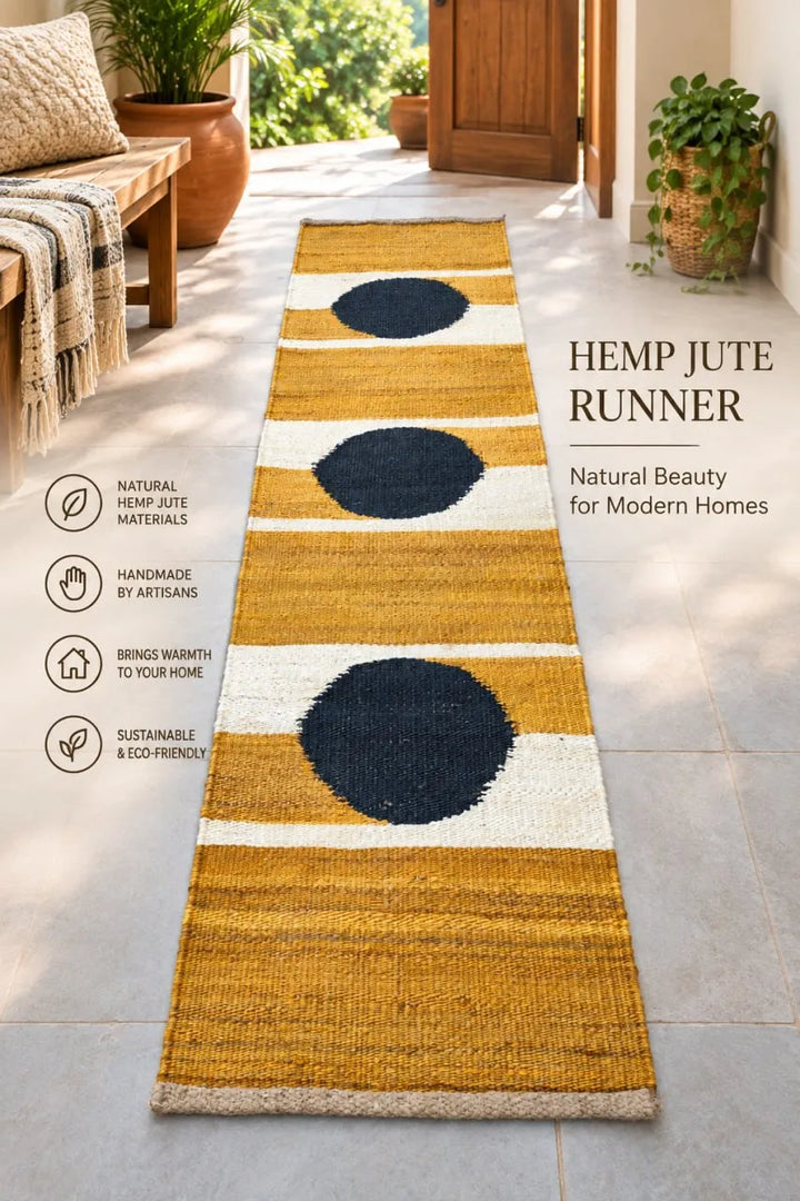 Yellow Black and White Hemp-Jute Runner Rug – Handwoven Circle Pattern Hallway Rug