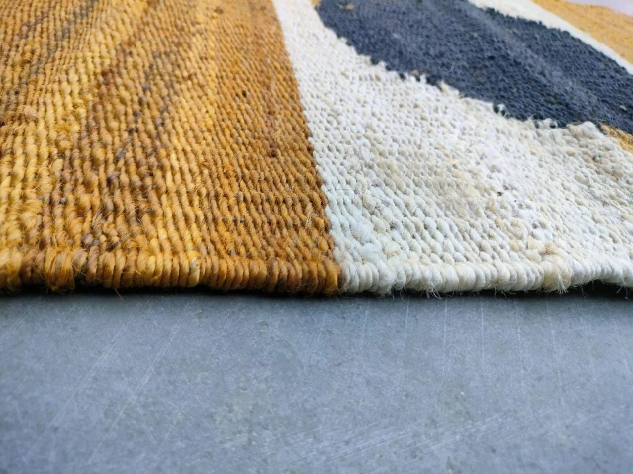 Yellow Black and White Hemp-Jute Runner Rug – Handwoven Circle Pattern Hallway Rug