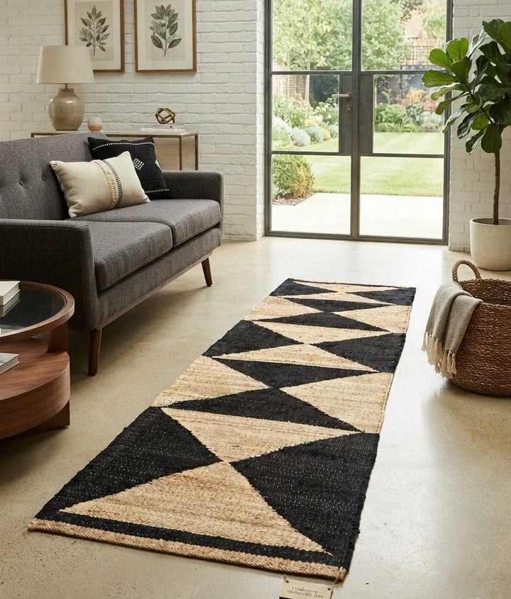 Black Geometric Hemp-Jute Runner Rug – Handmade Natural Hallway Rug
