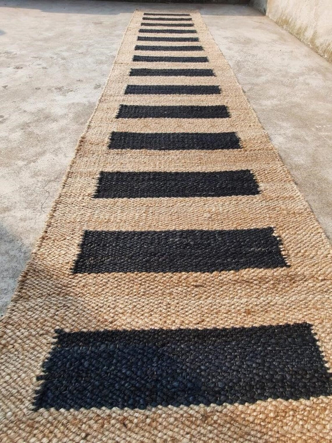 Natural Hemp Jute Runner Rug | Handwoven Black Pattern