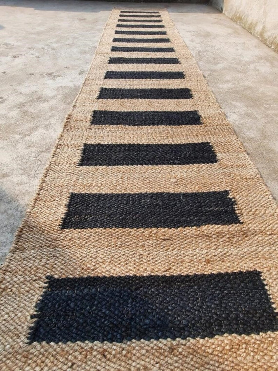 Natural Hemp Jute Runner Rug | Handwoven Black Pattern