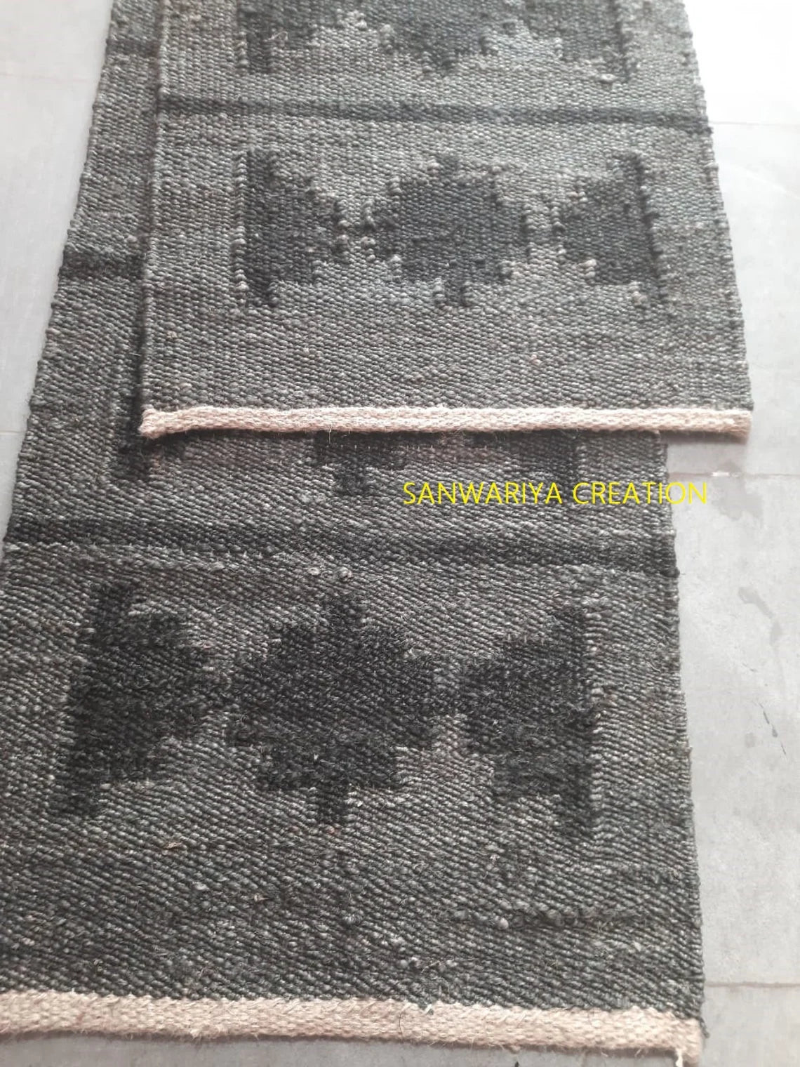 Handwoven Jute Runner Rug | Grey & Black Hemp Flatweave