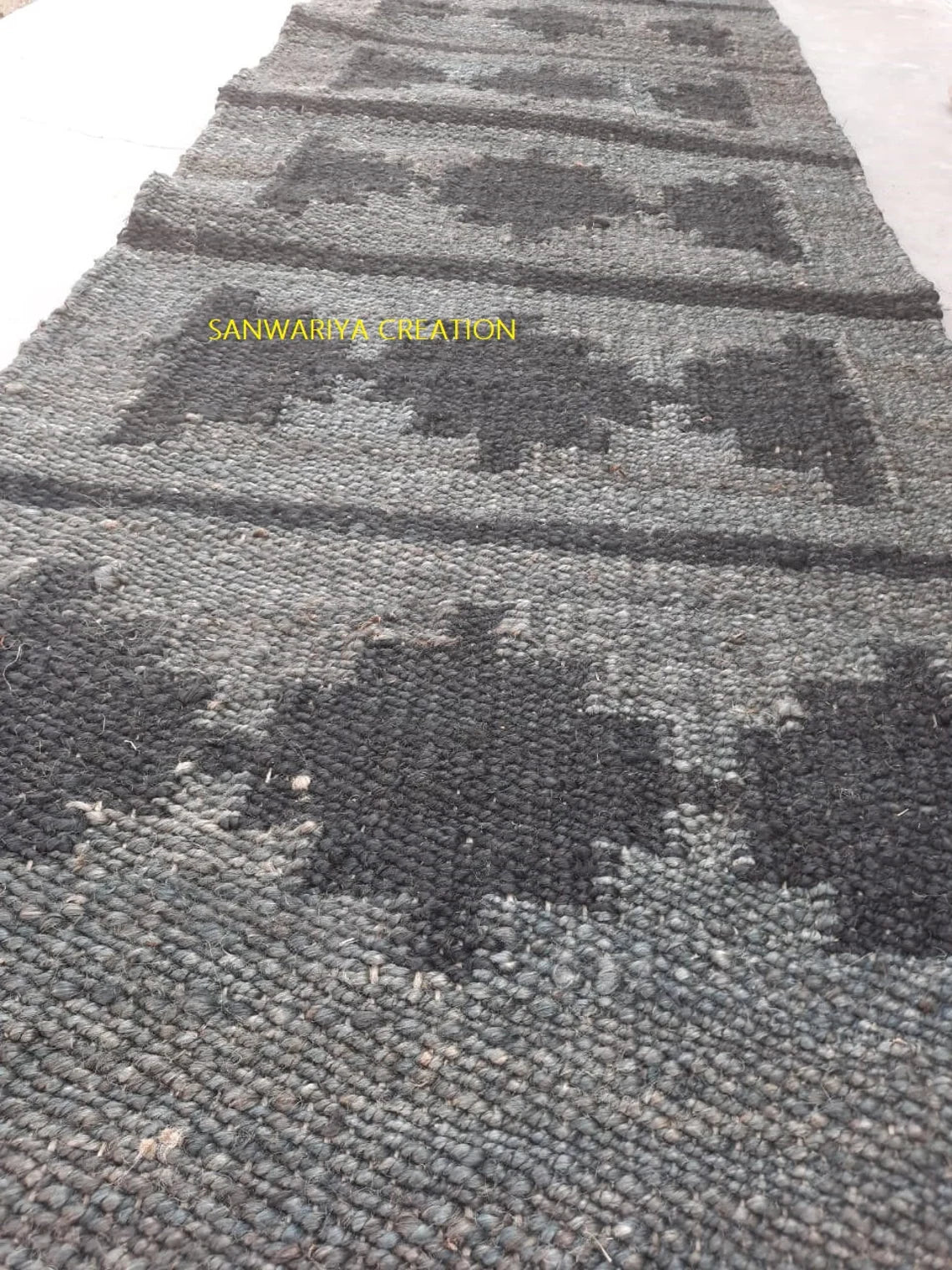 Handwoven Jute Runner Rug | Grey & Black Hemp Flatweave