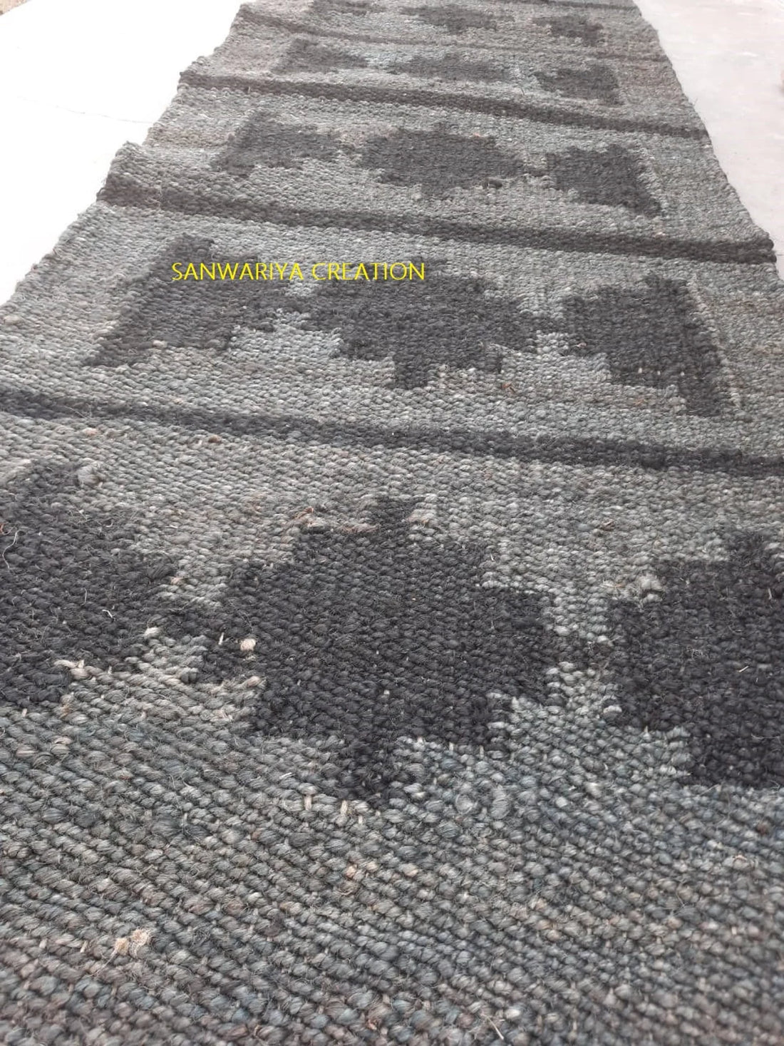 Handwoven Jute Runner Rug | Grey & Black Hemp Flatweave